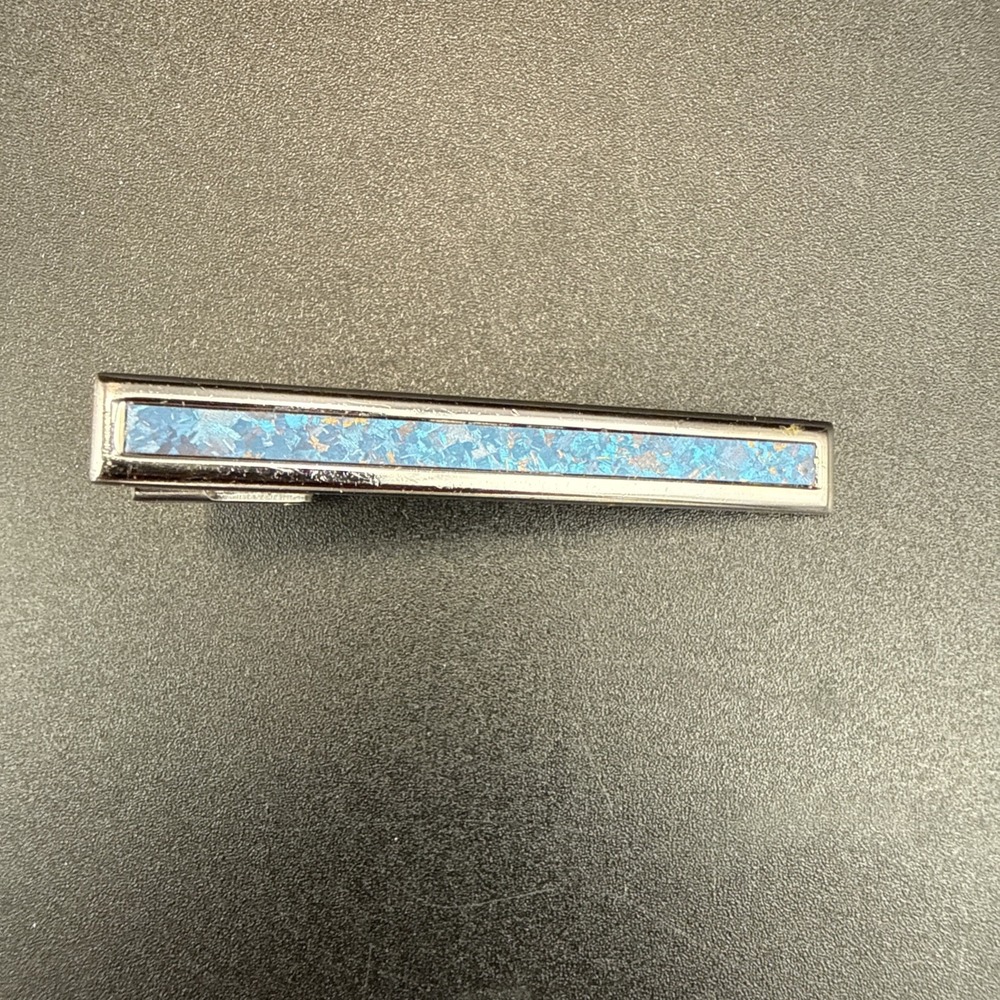 Vintage Kobelco Tie Clip Bar Silver Tone Alligator Clasp Blue Inlay Promotional